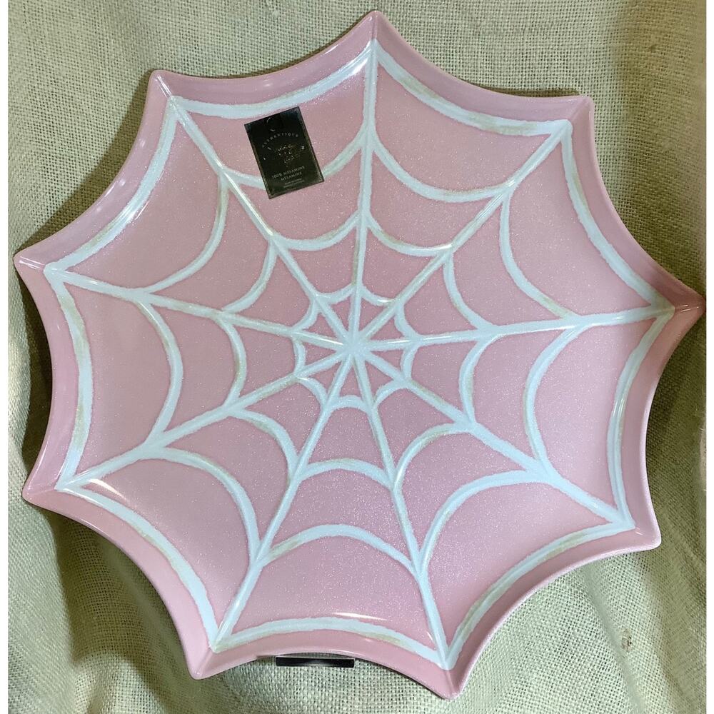 NEW SPOOKY NIGHT pink iridescent SPIDER WEB melamine serving tray SUMMERWEEN
